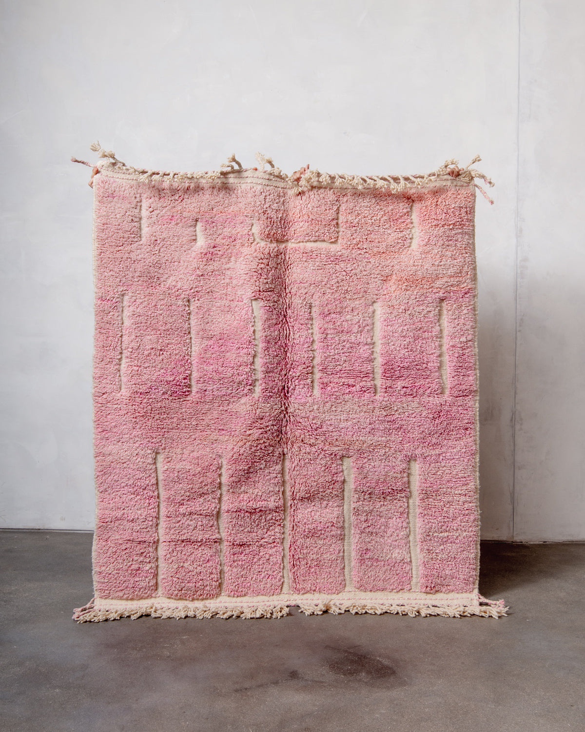 Modern, designer, handcrafted Berber rug from Morocco. Beniourain carpet with beautiful colours and patterns and fluffy wool texture.